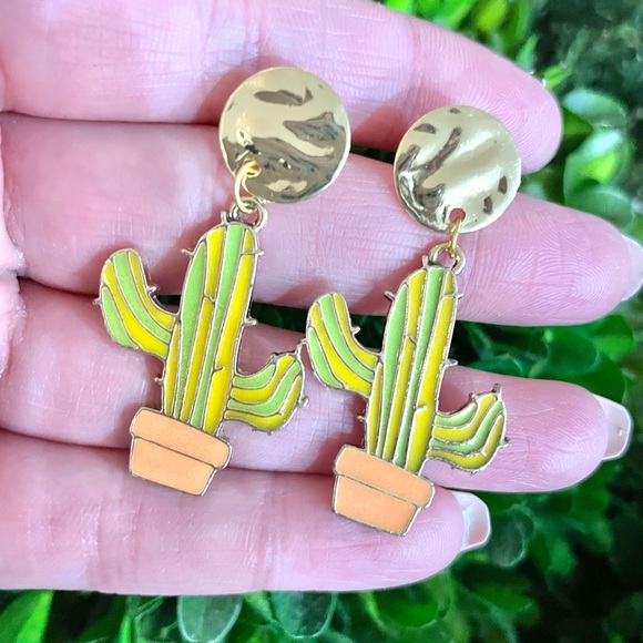 Gold Cactus Dangle Earrings - Picture 2 of 4